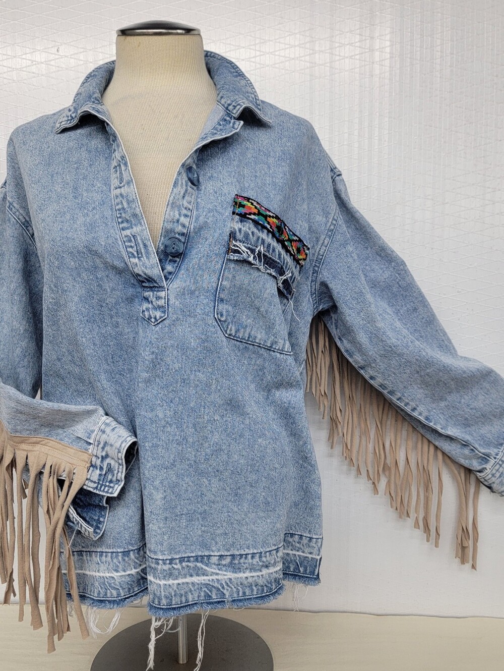 Western Denim Fringe Pullover Tunic Shirt Jacket with Western Cat - Upcycled - Picture 6 of 10